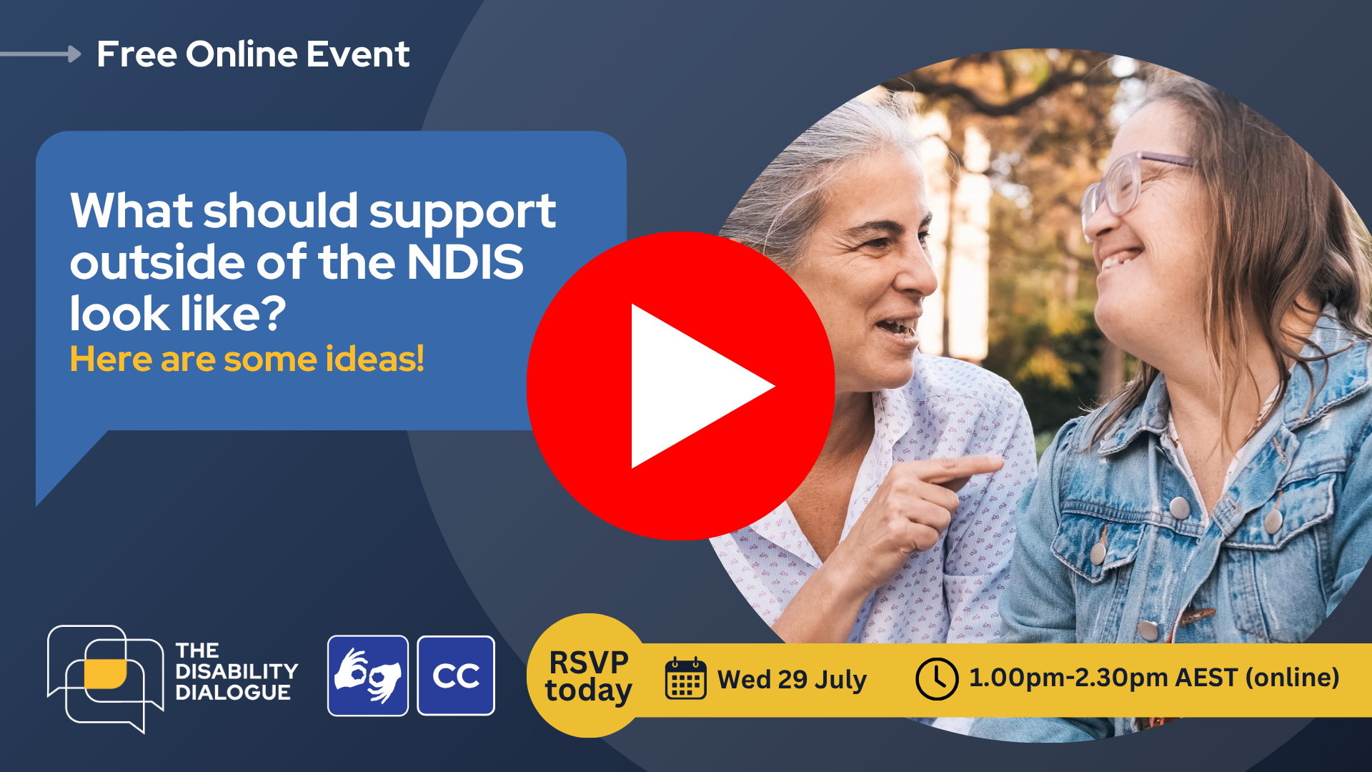 Watch the recording. Open Dialogue banner: What should support outside of the NDIS look like? Here are some ideas! Wednesday 29 July, 1pm to 2.30pm AEST, online.