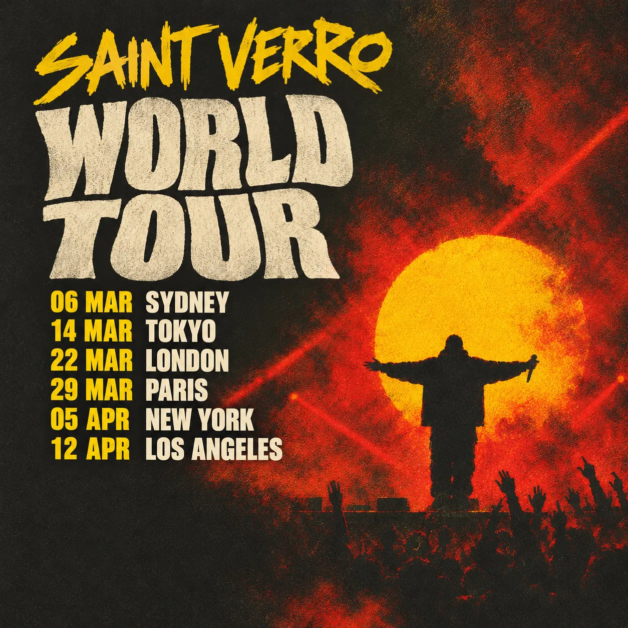 World tour poster listing six tour dates, with a performer on stage in front of a crowd and a low sun