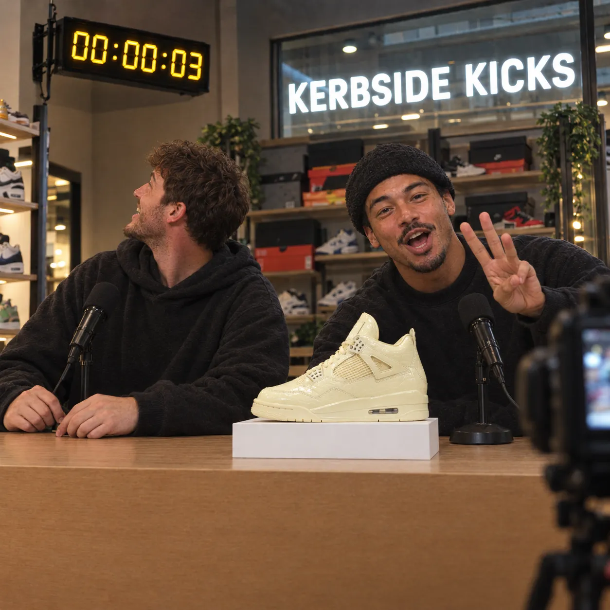 Two presenters hosting a live stream for a sneaker launch, one holding up three fingers as a countdown clock shows three seconds to go