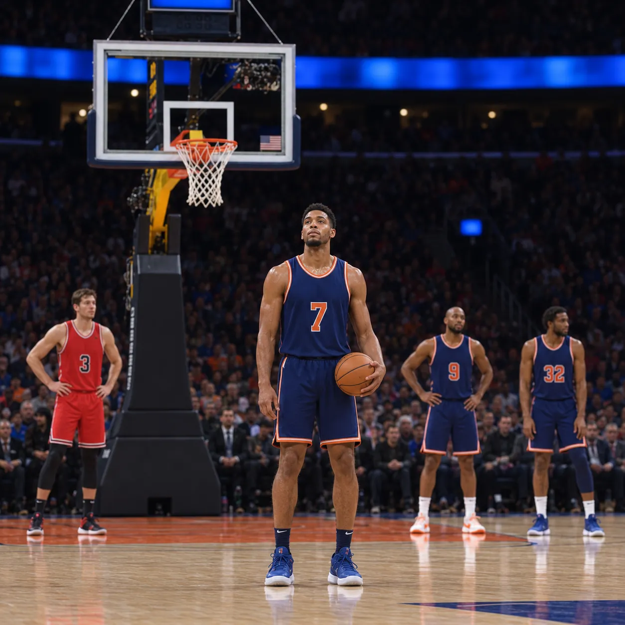 A basketball player in a navy and orange number 7 kit stands relaxed with the ball at his hip during a break in play, with teammates and a packed arena behind him