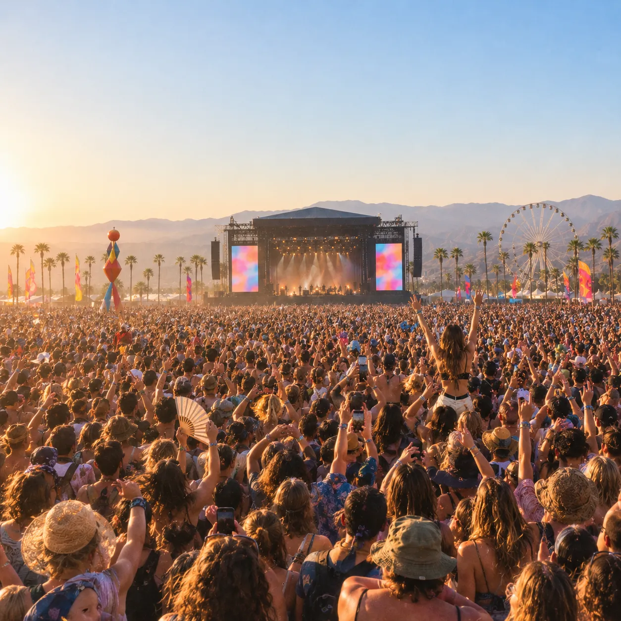 A huge festival crowd facing a main stage at sunset in a desert valley, with palm trees, a ferris wheel and mountains behind