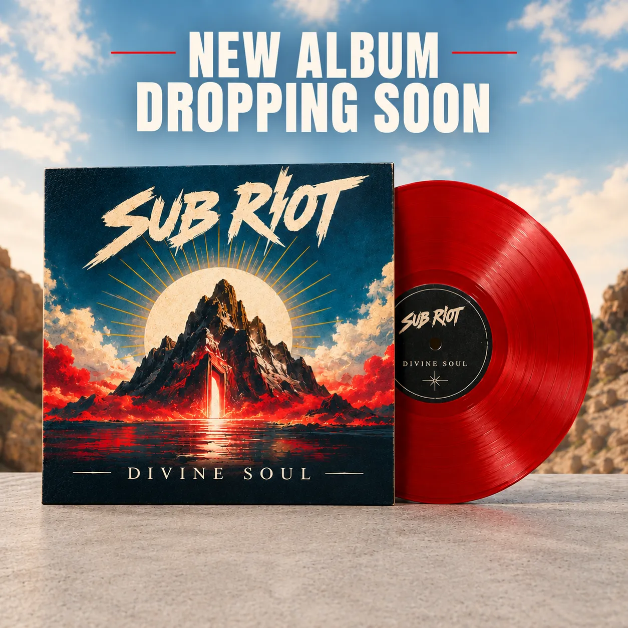 New album dropping soon: the Sub Riot record sleeve, showing a mountain with a glowing doorway in front of a rising sun, beside a red vinyl record