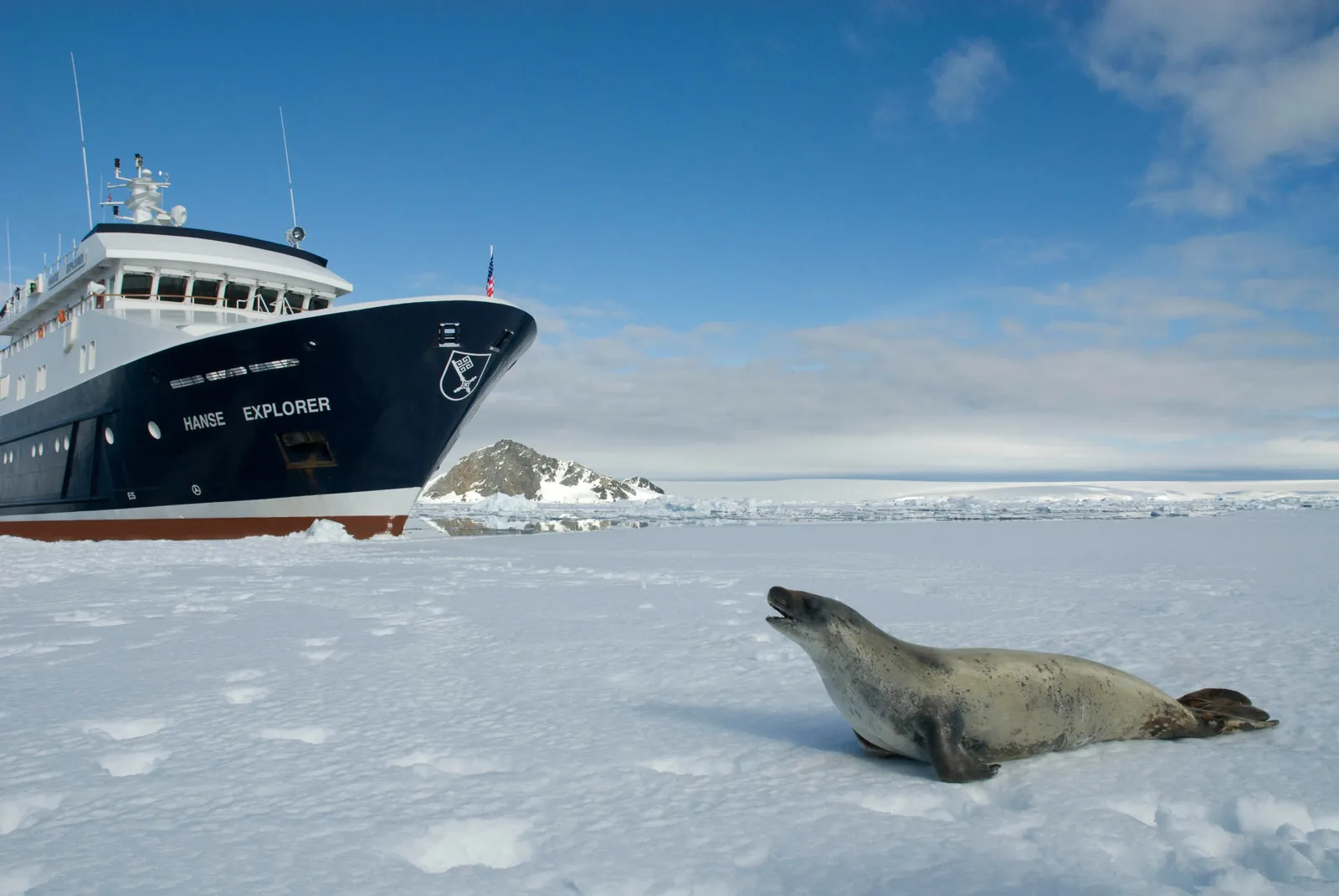 An ice-class expedition ship working through polar sea ice