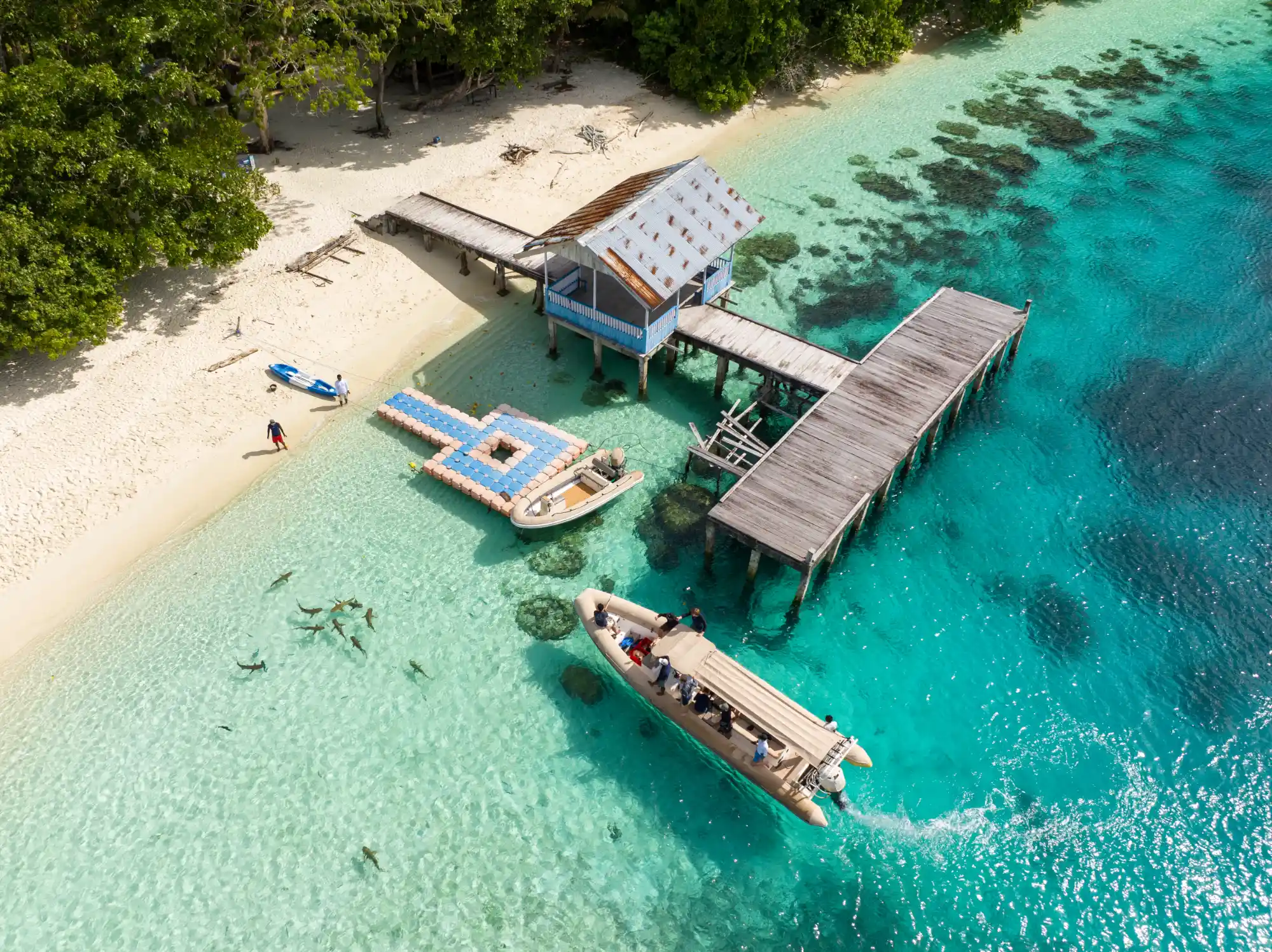 Aerial view of a small expedition boat and jetty over the clear turquoise waters of Raja Ampat