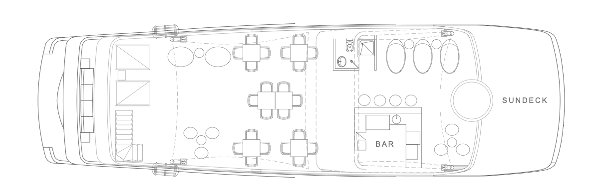Sundeck: deck plan showing the open dining, lounge seating and bar