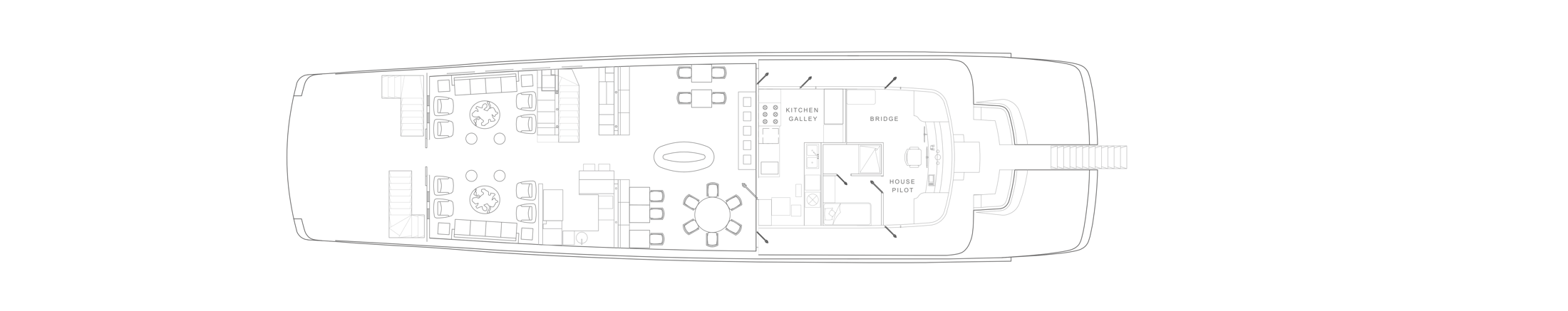 Darwin: deck plan showing the lounge, dining, kitchen galley and bridge
