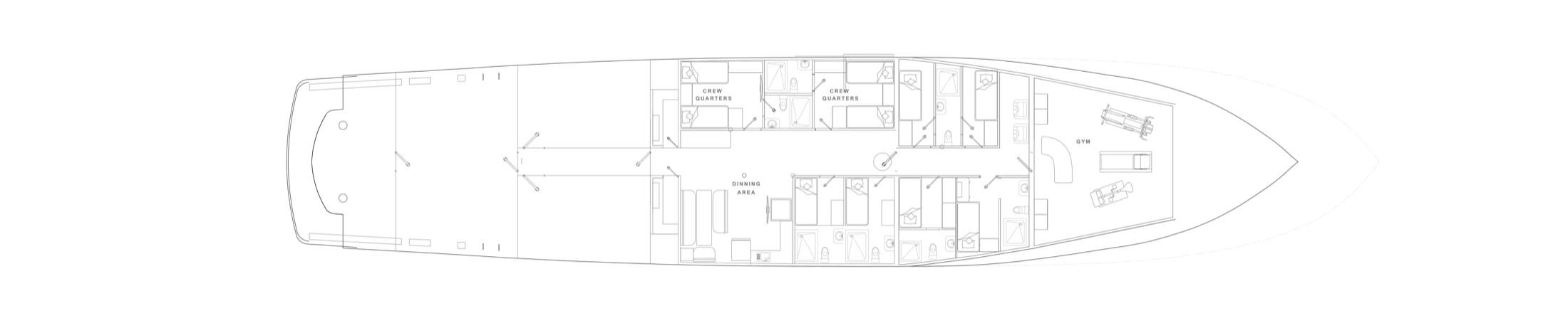 Finch: deck plan showing crew quarters, guest cabins, the dining area and gym