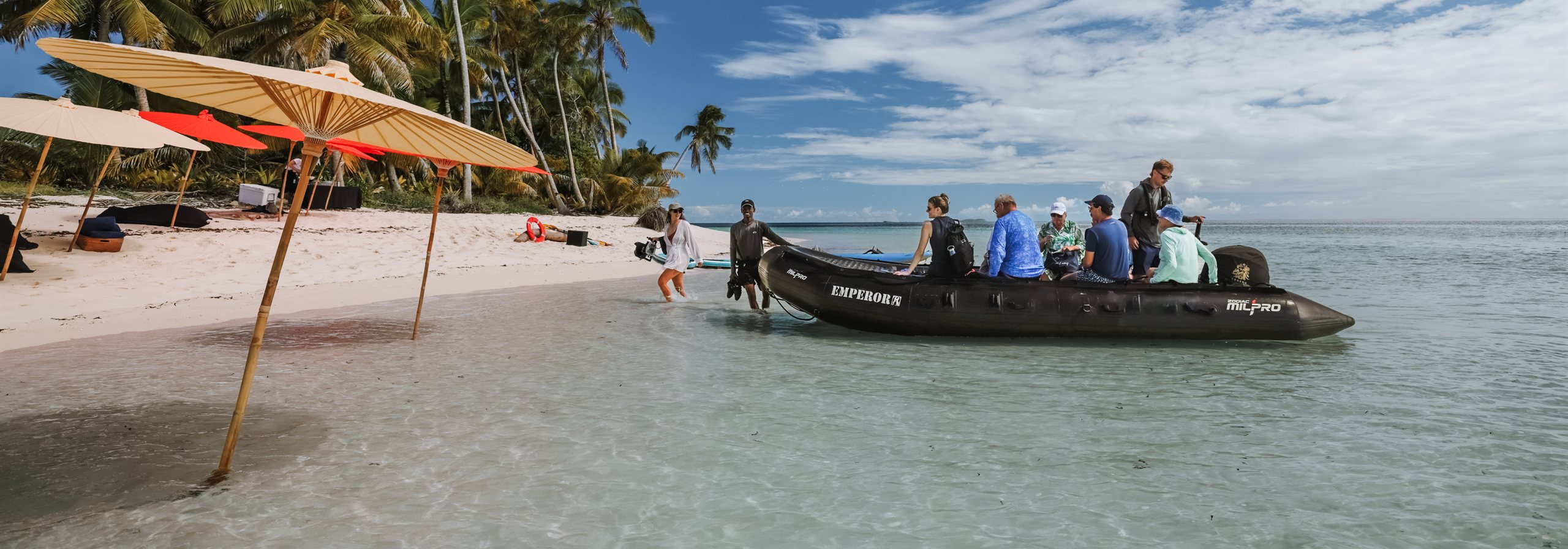 Guests stepping ashore from a tender onto a palm-fringed beach