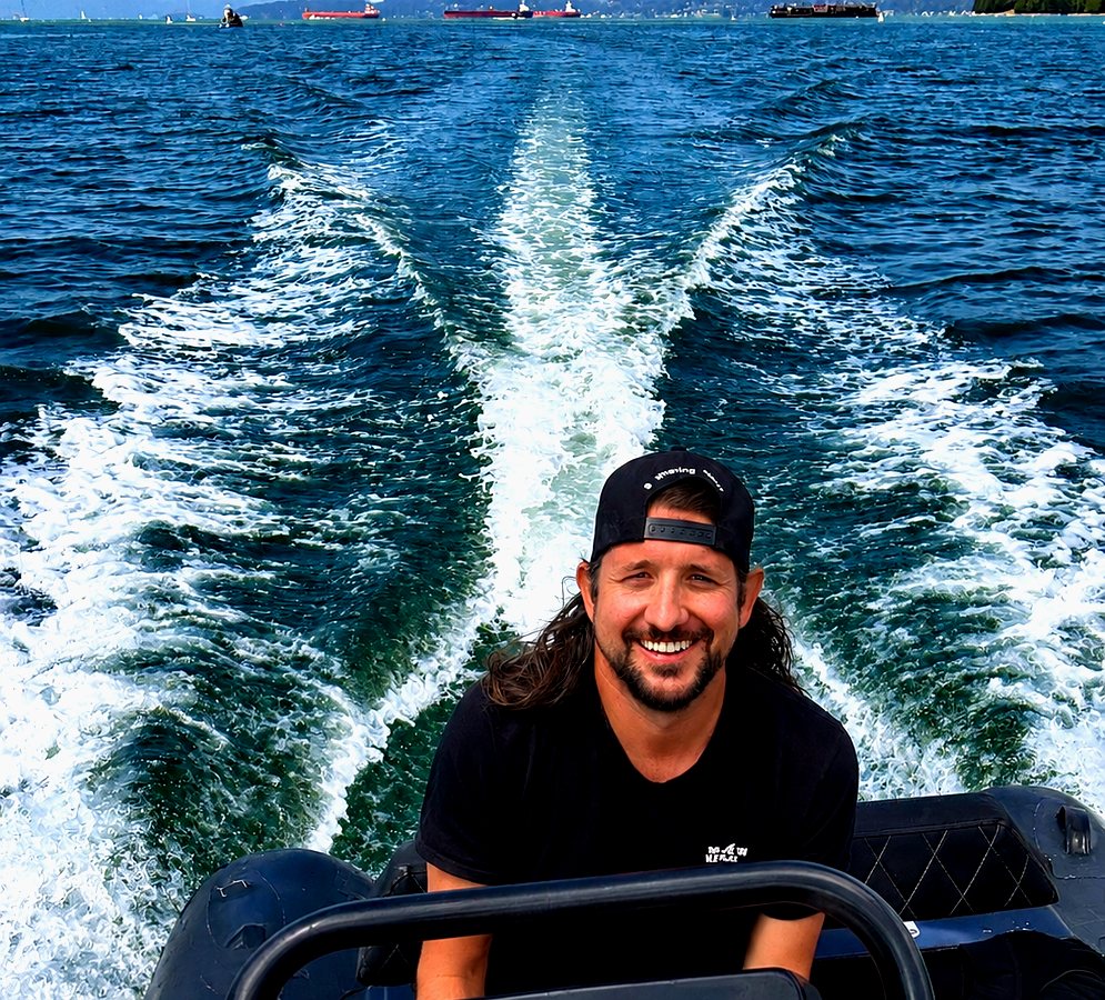 Brandon Wait at the helm of a charter boat on the BC coast