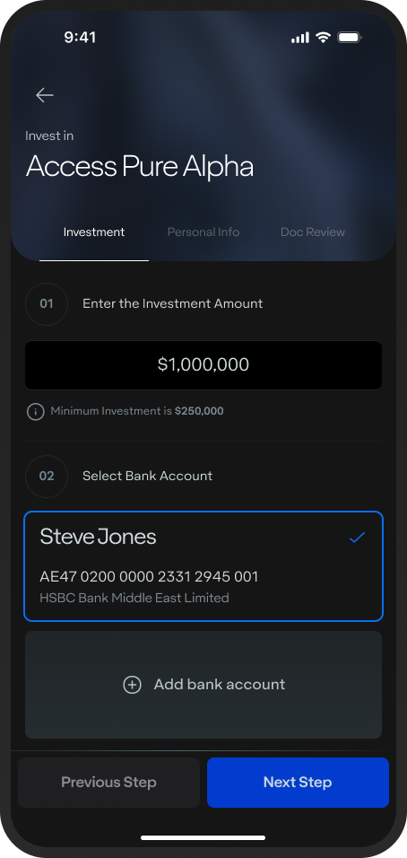 App screen: entering the investment amount and choosing a bank account for Access Pure Alpha
