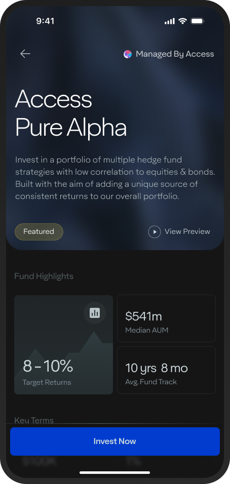 App screen: the Access Pure Alpha fund page with its fund highlights and an Invest Now button