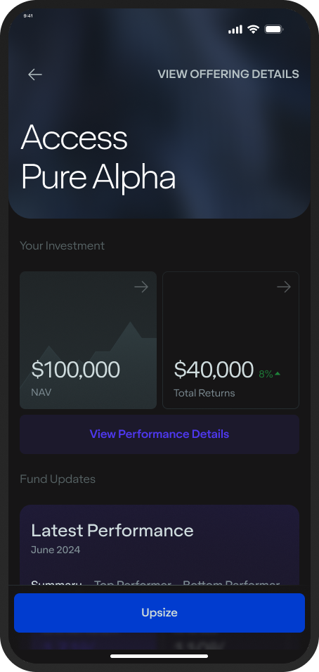 App screen: an Access Pure Alpha holding with its NAV, total returns and latest performance update