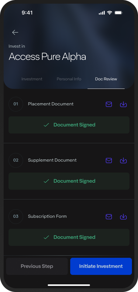 App screen: the subscription documents for Access Pure Alpha, each marked Document Signed