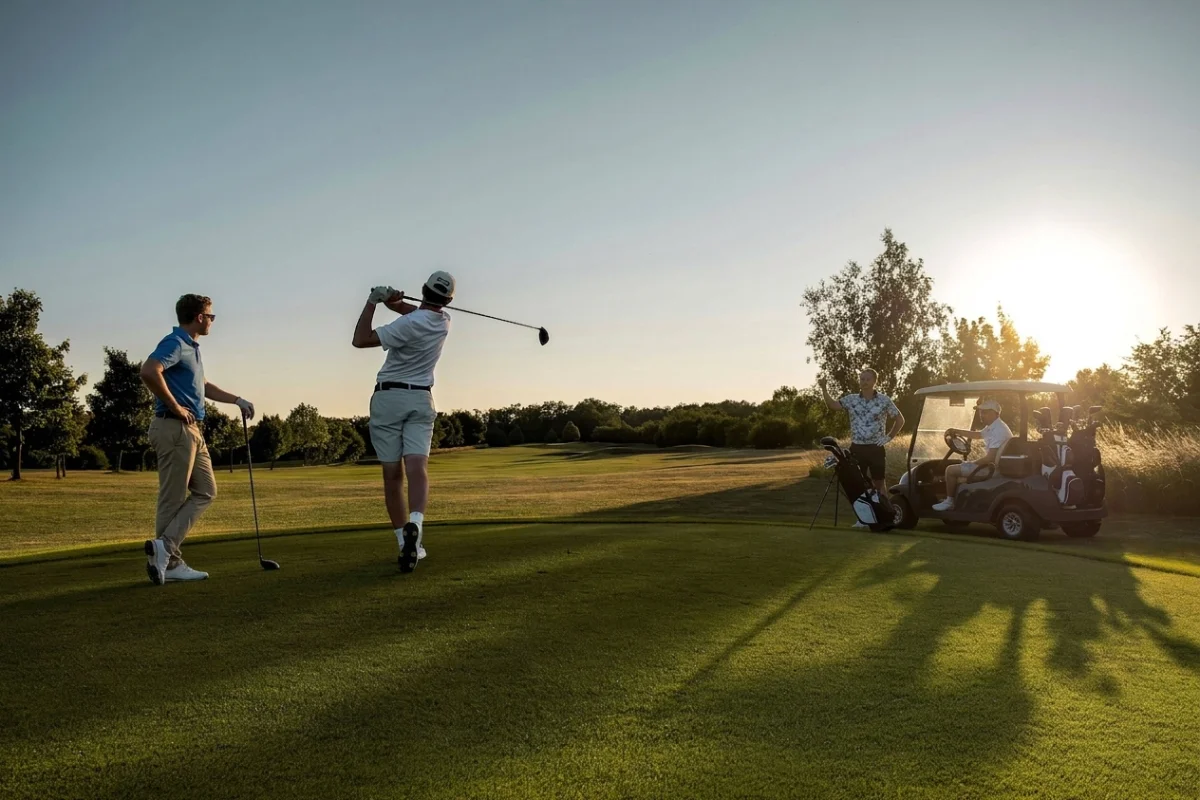 Four golfers on a sunlit course, one mid-swing and one seated in a golf cart
