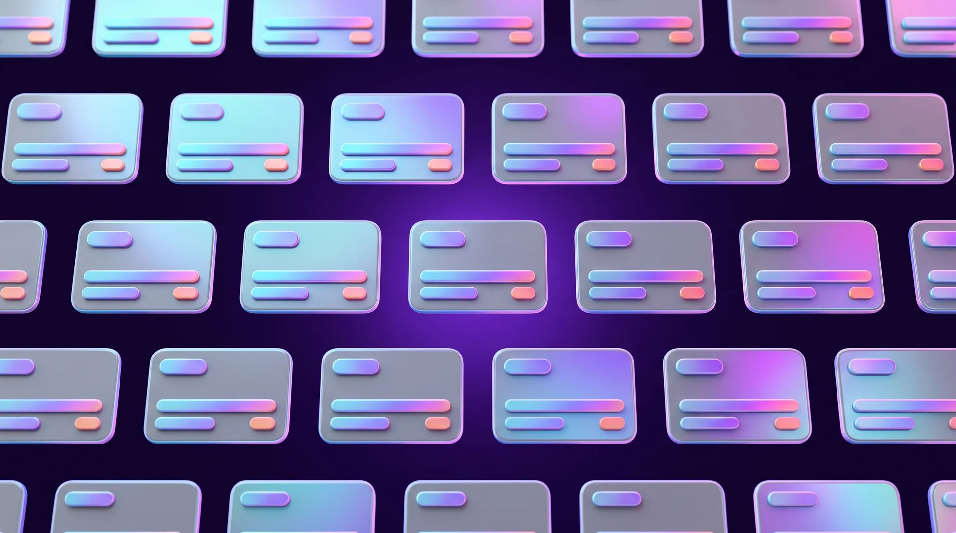 Glossy, plastic-like grey glass interface cards, all the same shape and size, arranged in a perfect, monotonous grid on a dark purple background