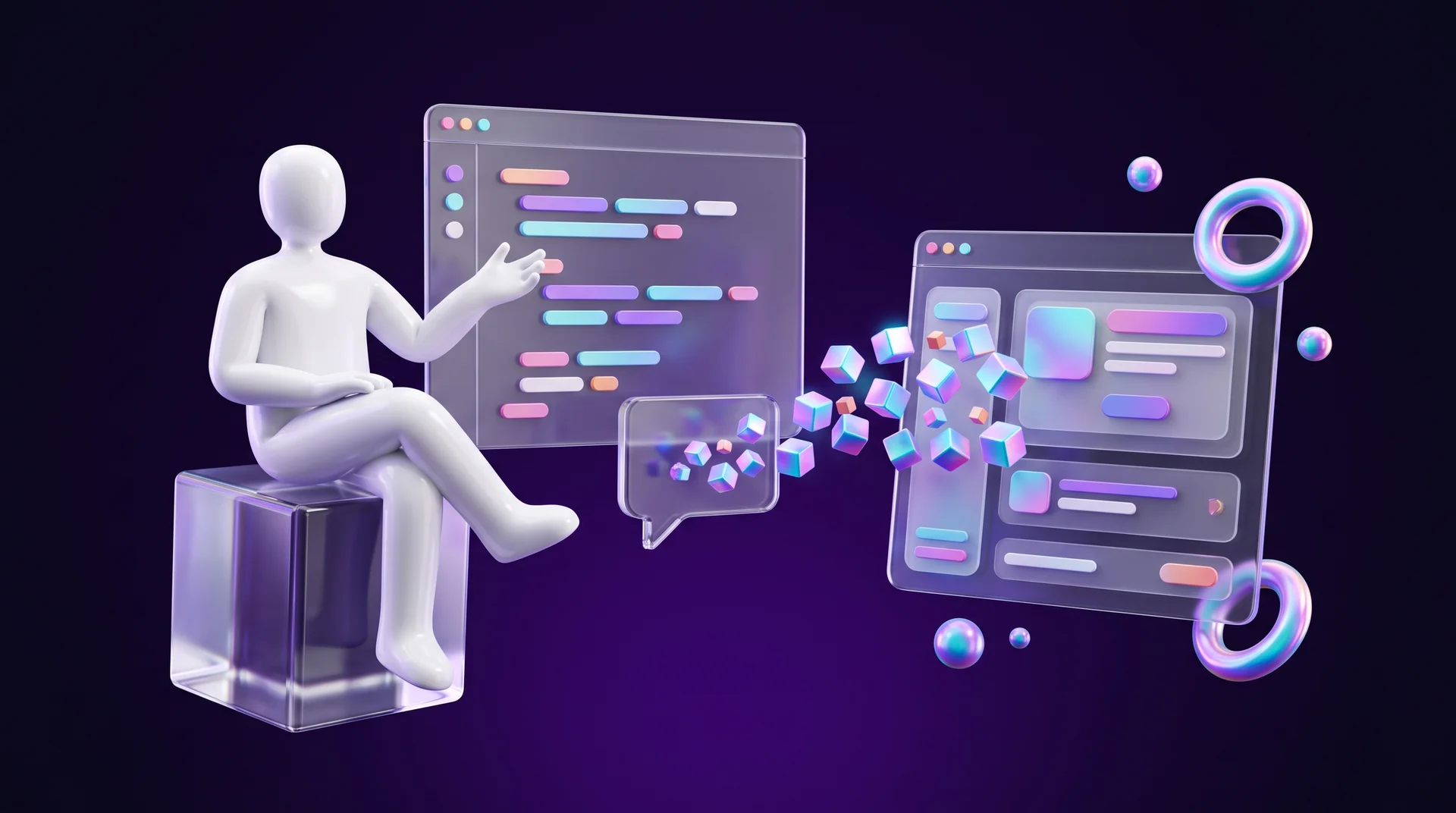 A faceless white figure sitting on a glass cube next to a code editor window, with glowing cubes flowing from a chat bubble into an app window