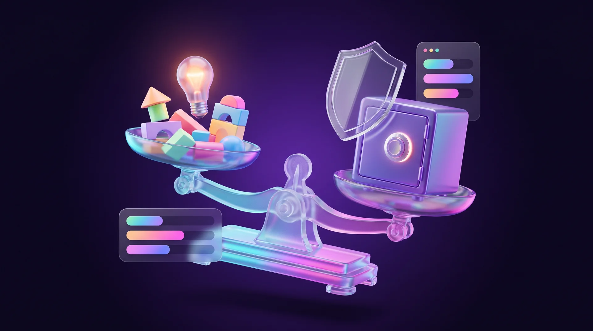 Floating glass scales: one pan holds light, colorful building blocks and a glowing light bulb, the other a heavy safe with a lock and a transparent shield