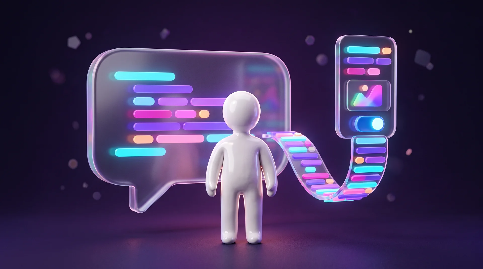 A faceless white figure standing in front of a large glass chat bubble with colorful lines of code, with a glowing ribbon of code flowing from it into an app screen with an image and a toggle