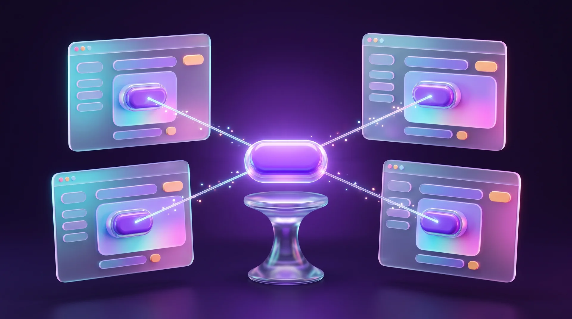 A glowing purple button on a glass pedestal sending light beams to identical copies of itself in four floating browser windows