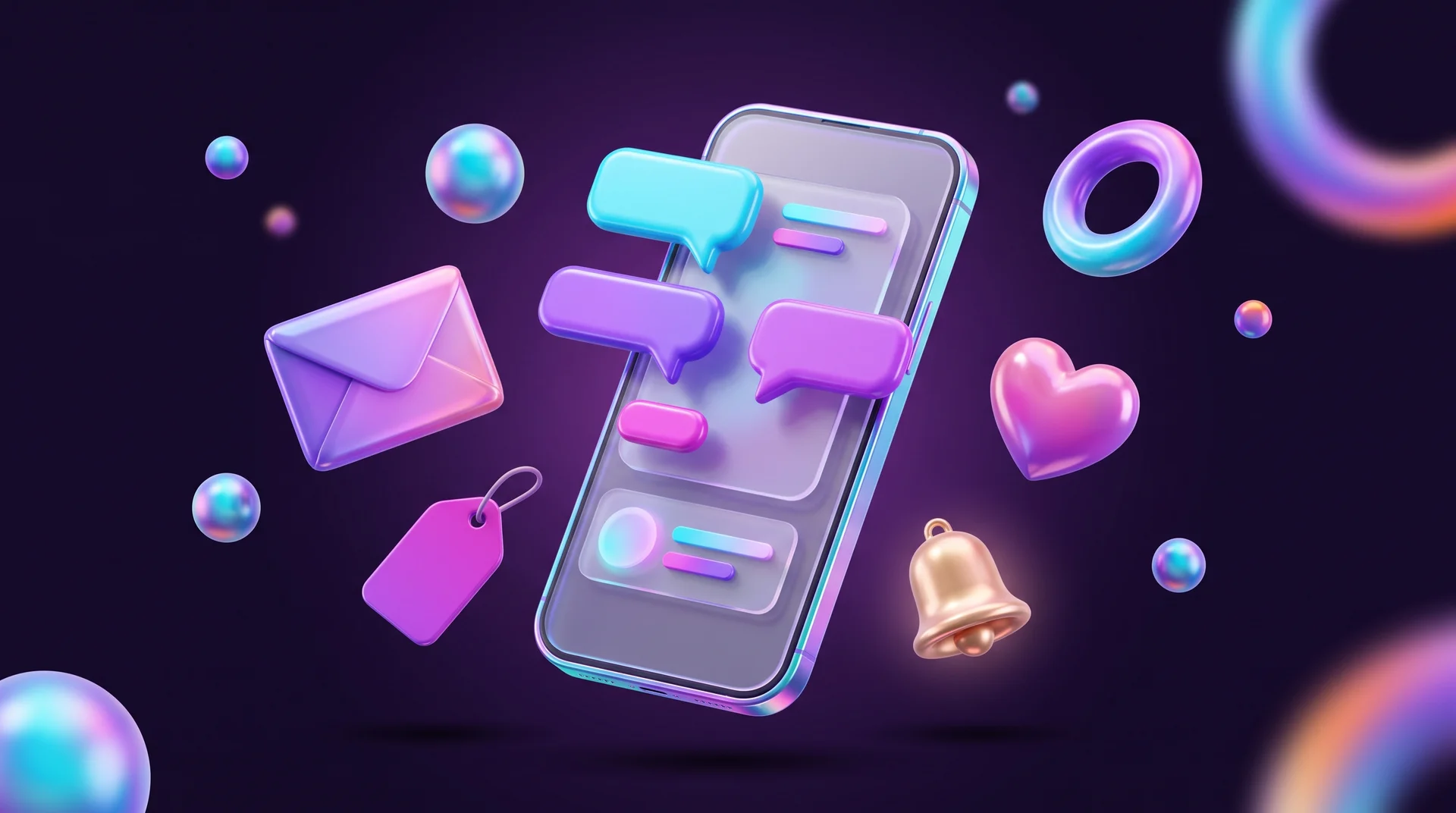 Messenger marketing: a glass smartphone with floating chat bubbles, surrounded by an envelope, a price tag, a heart and a bell