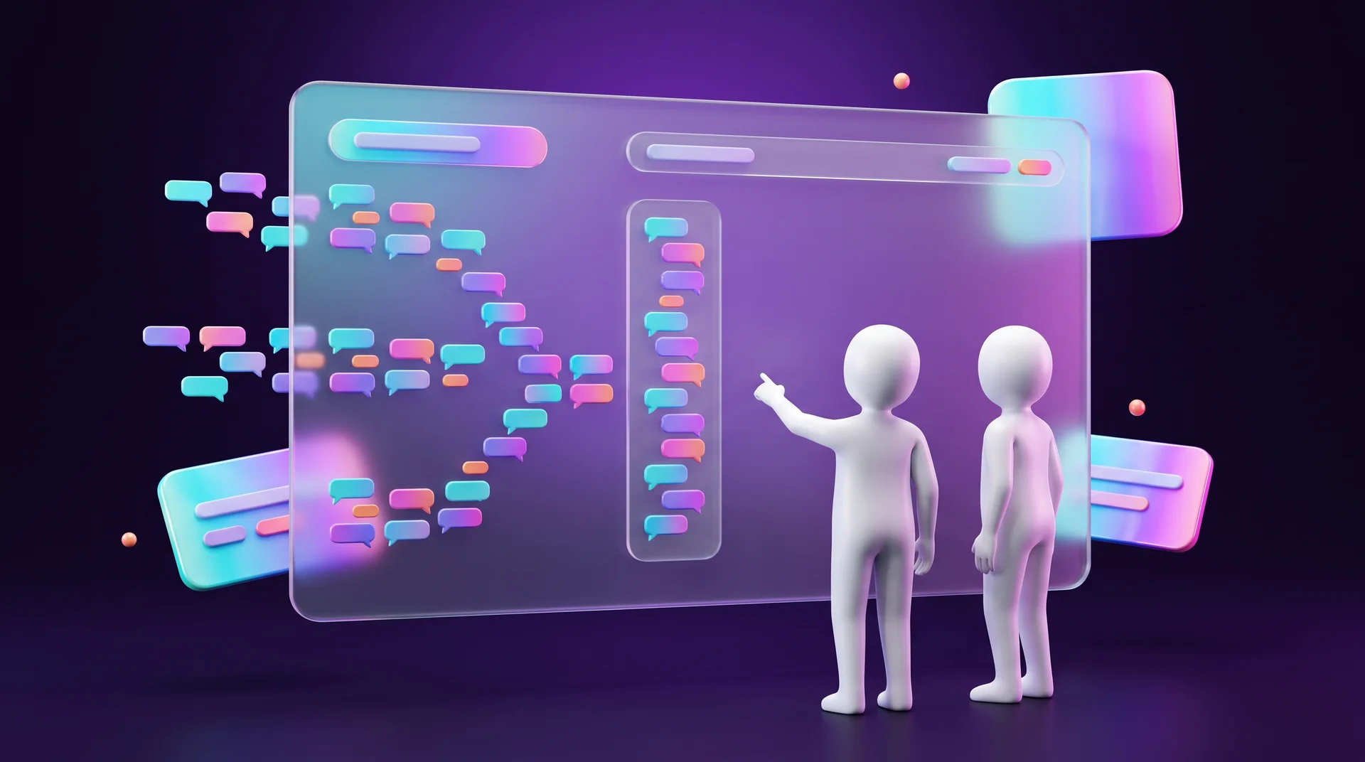 A large glass screen where several columns of colorful chat bubbles flow into a single window, next to smooth, faceless white 3D figures
