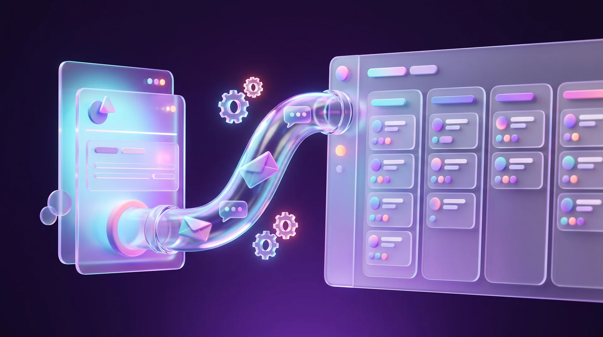 A 3D glass pipeline carrying contact cards from a form to a CRM dashboard, with glossy envelopes floating along it