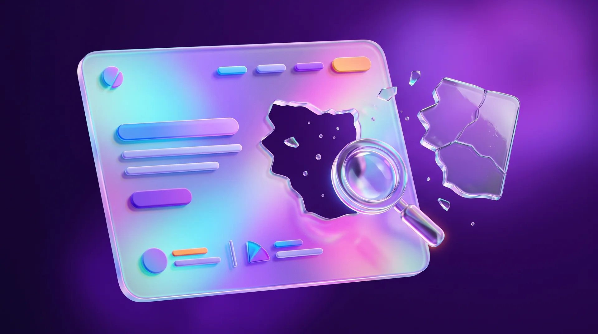 A glass website page with a hole in the middle and a magnifying glass above it, with the missing piece floating nearby, cracked among shards