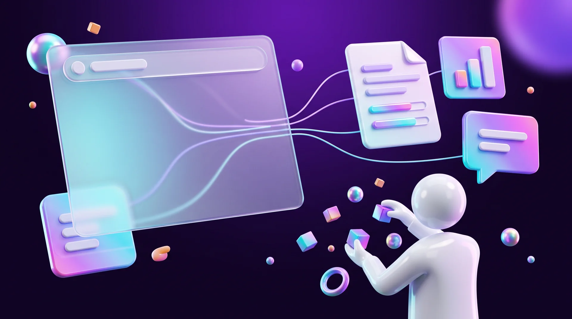 A glass chat window sending glowing lines to neatly arranged cards, while a white 3D figure assembles a request from colourful blocks