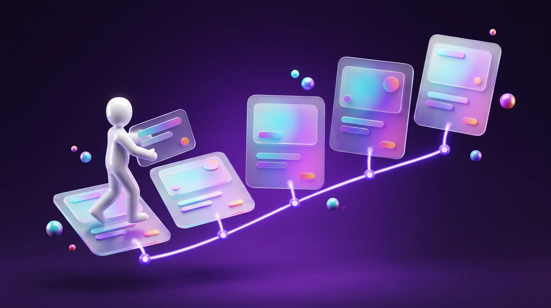 Five glass cards rise like stairs along a purple light line, and a white 3D figure steps onto the first card while holding another one
