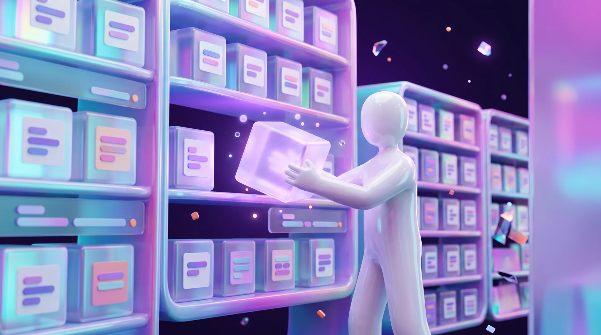 A 3D library of glowing glass boxes on shelves, each holding a template card, while a white figure pulls one of them out