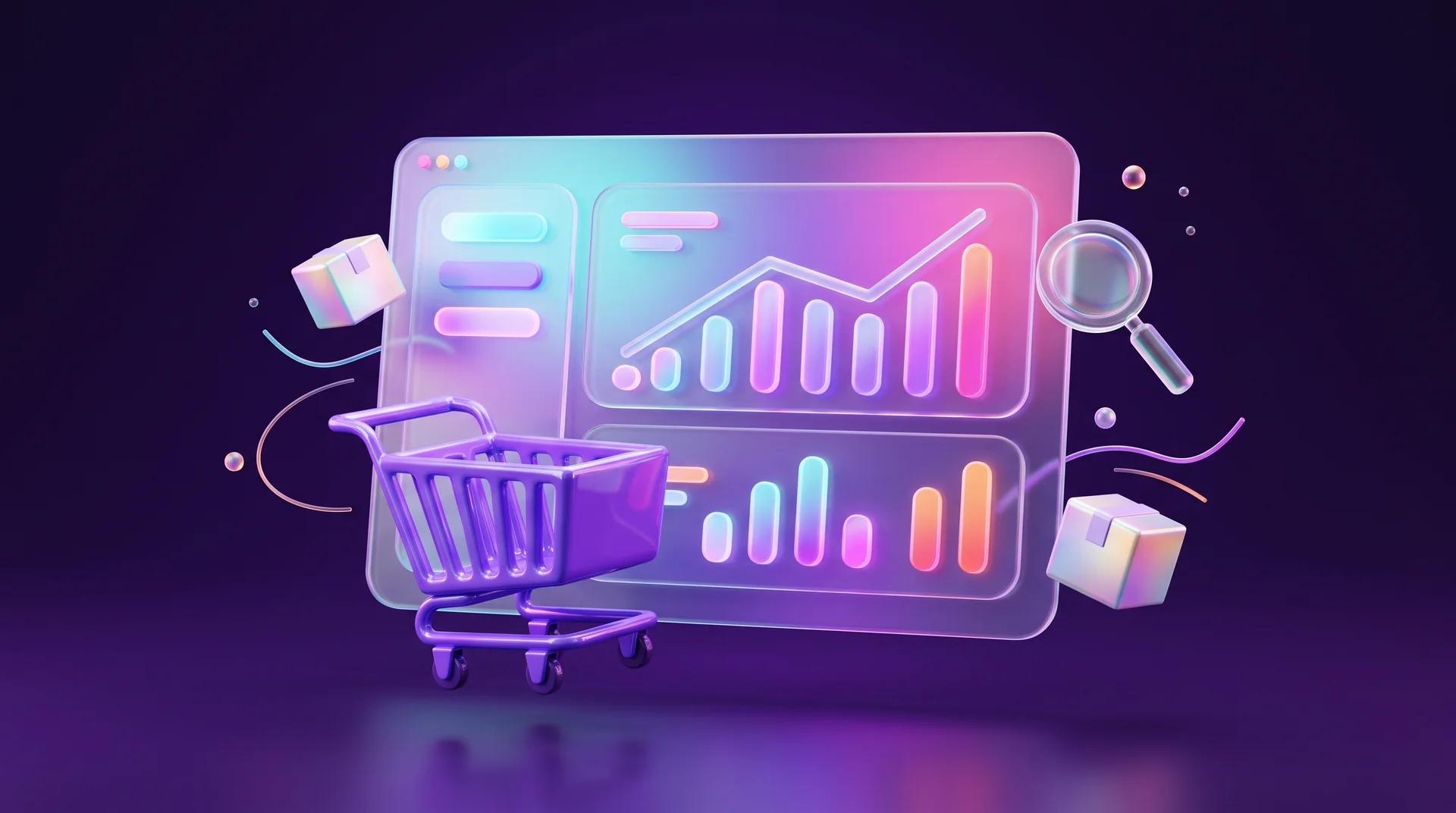 A floating 3D glass dashboard with charts, a glossy purple shopping cart, delivery boxes and a magnifying glass