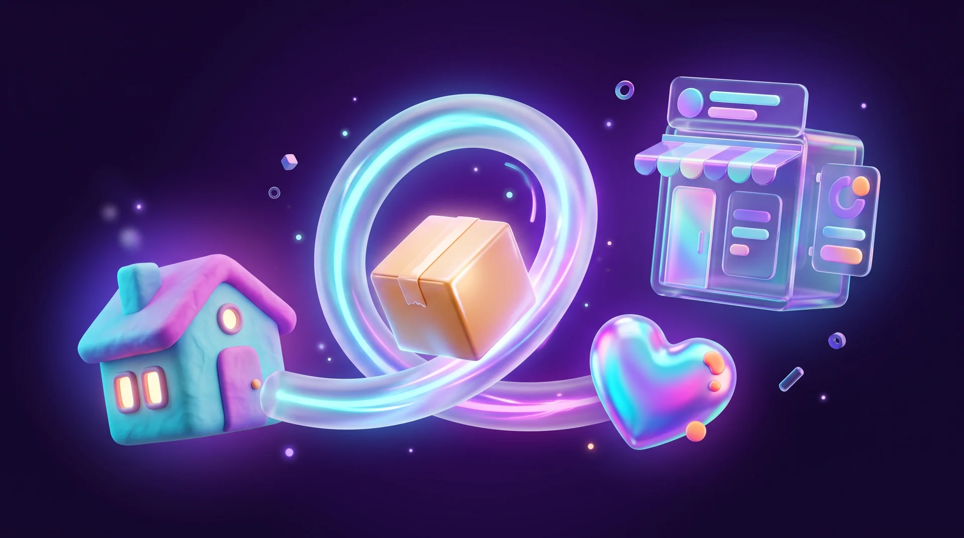 A 3D delivery box on a glowing loop-shaped track between a small house and a glass store, with a glossy heart beside it