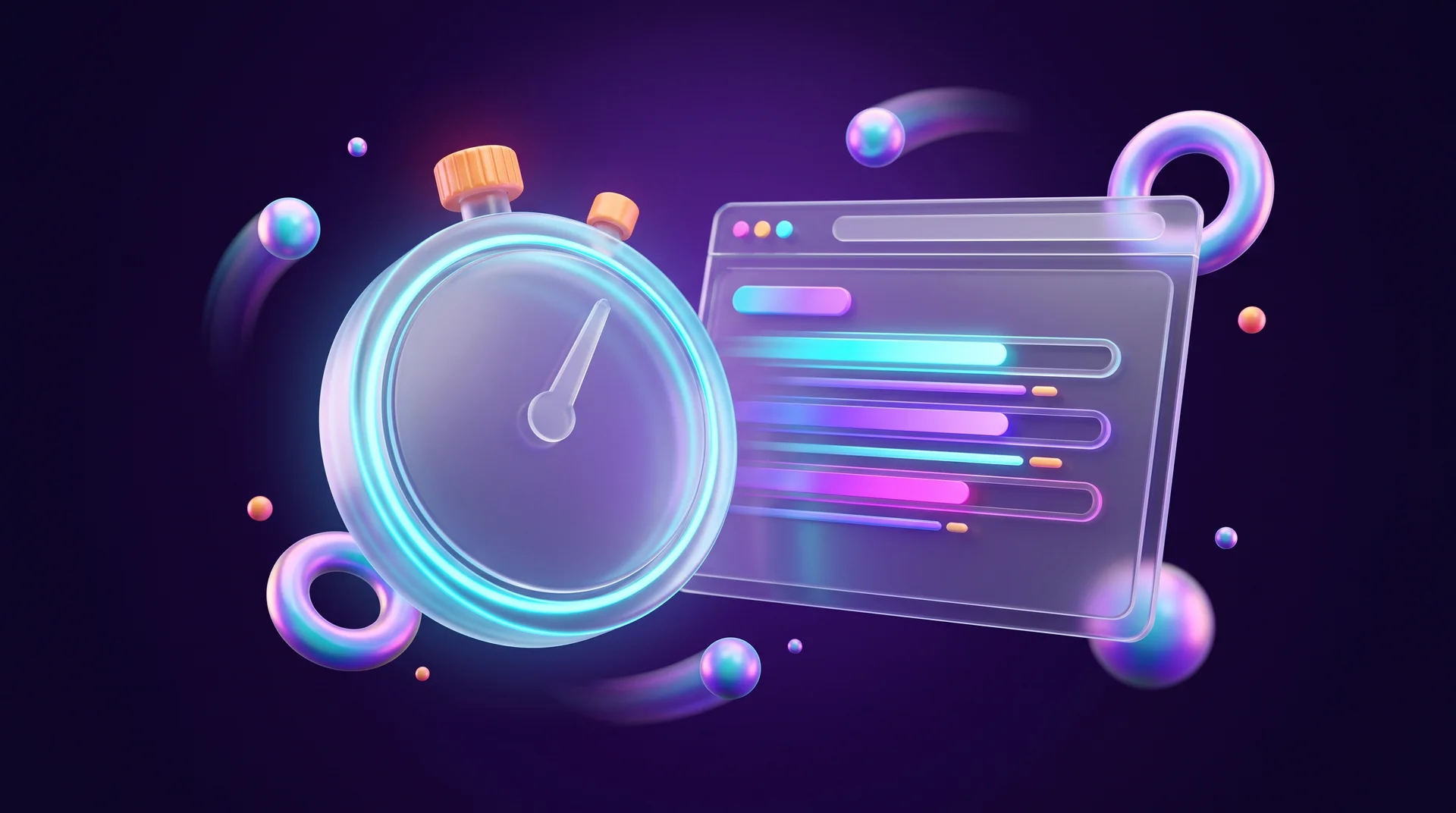 A 3D glass stopwatch next to a glossy browser window with glowing loading bars moving forward on a dark purple background