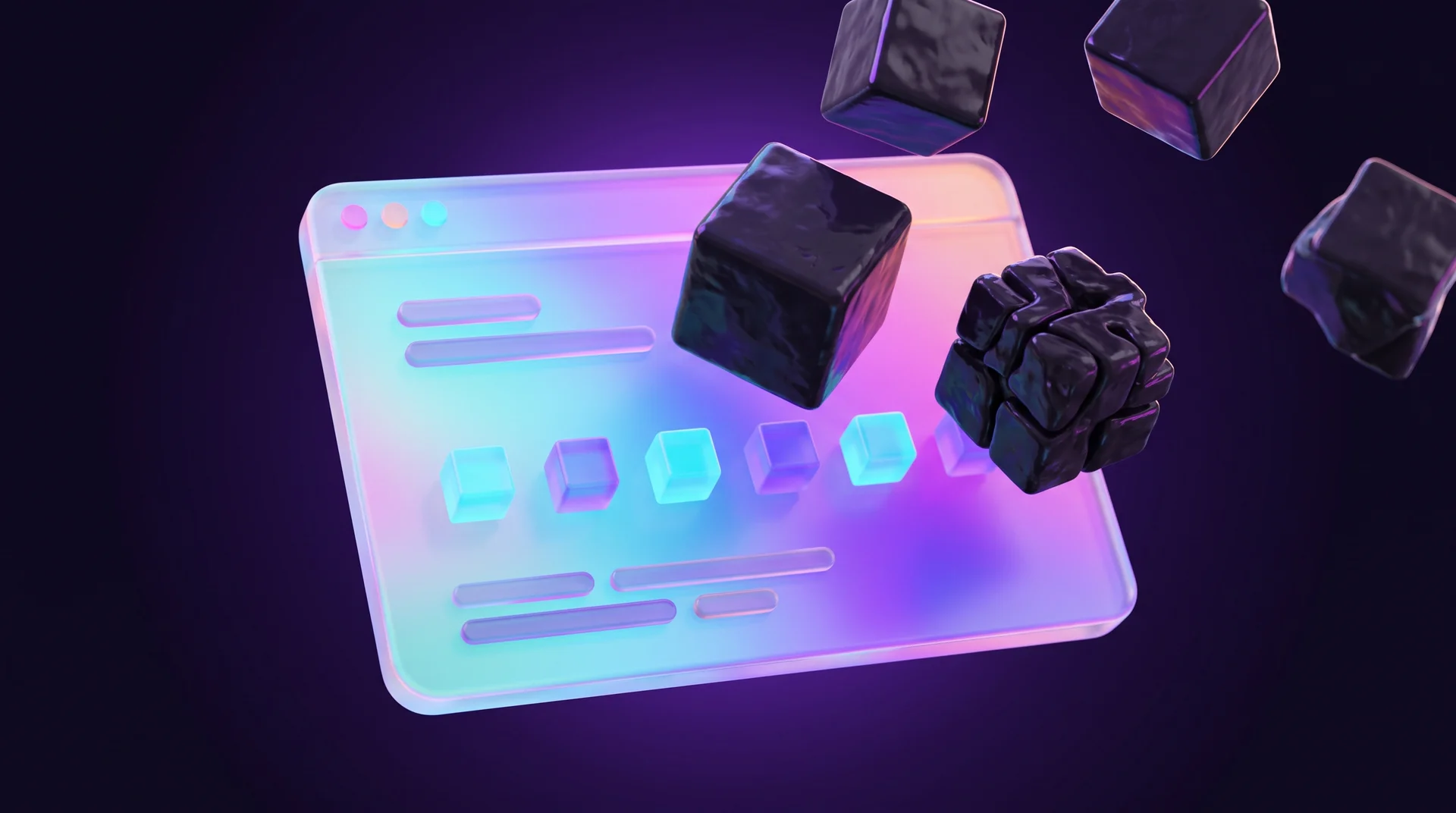 A 3D glass browser window with dark, heavy cubes drifting away from it, leaving a neat row of small glowing cyan and purple cubes inside