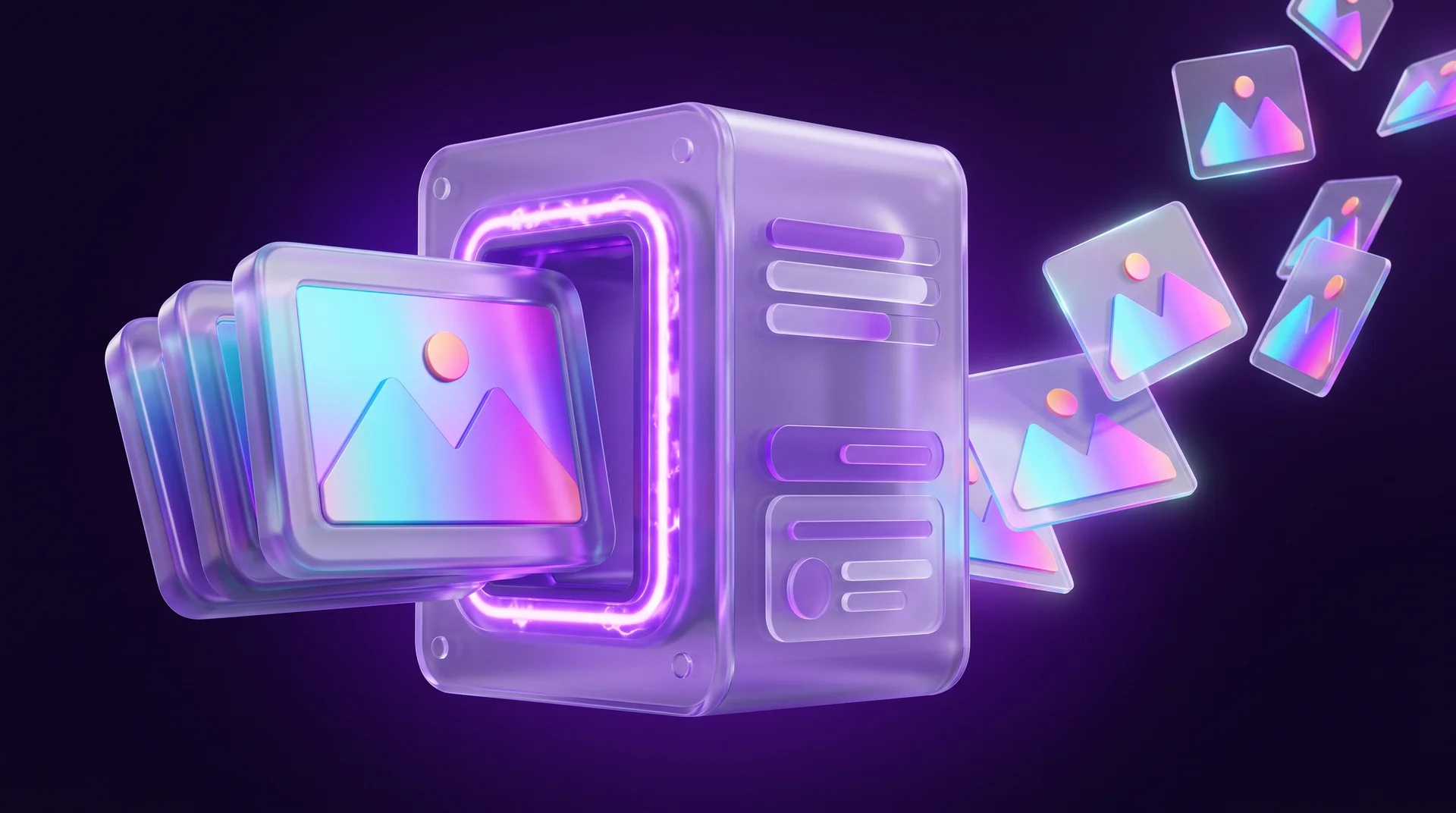 A stack of thick 3D picture frames entering a glowing purple glass machine and leaving it as thin, light image cards floating onwards