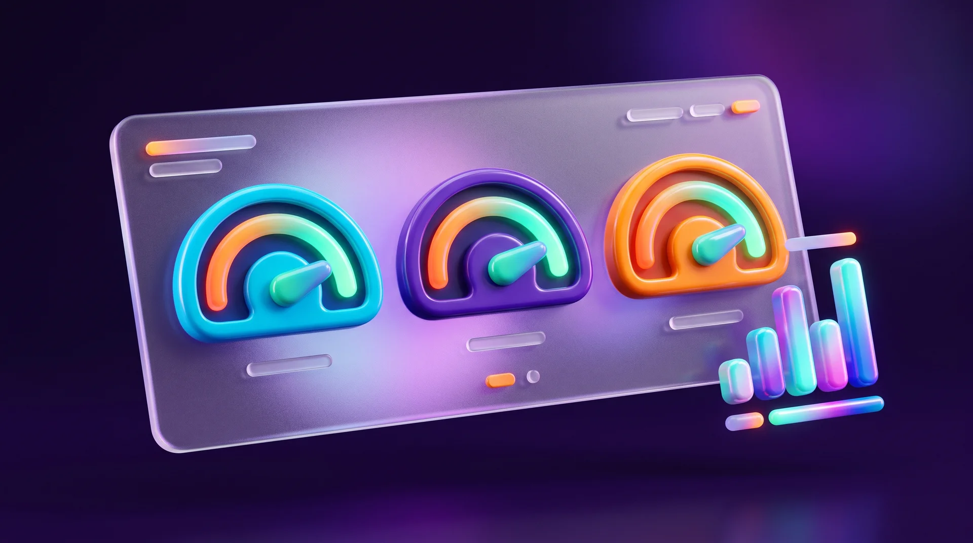 A 3D glass dashboard with three semicircular gauges in cyan, purple and orange, each needle pointing to the green zone, and a floating bar chart beside them