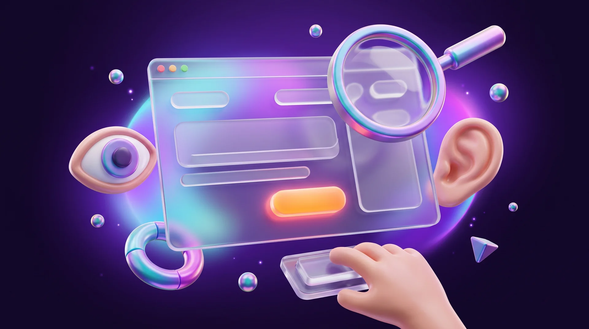A 3D glass browser window surrounded by floating accessibility symbols: an eye, an ear, a hand pressing a glass key and a large magnifying glass