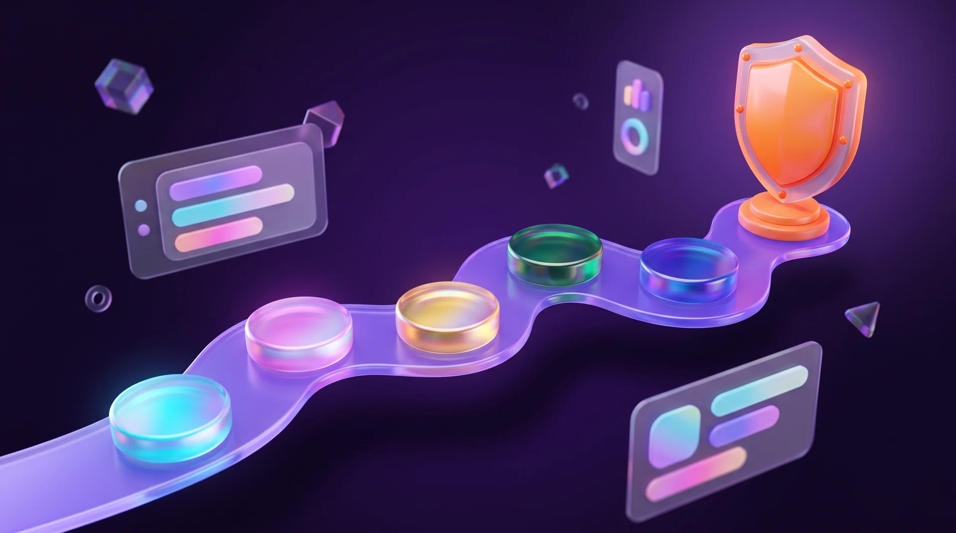 A 3D glass roadmap with five glowing rounded stops along a purple path, ending with a glossy orange shield