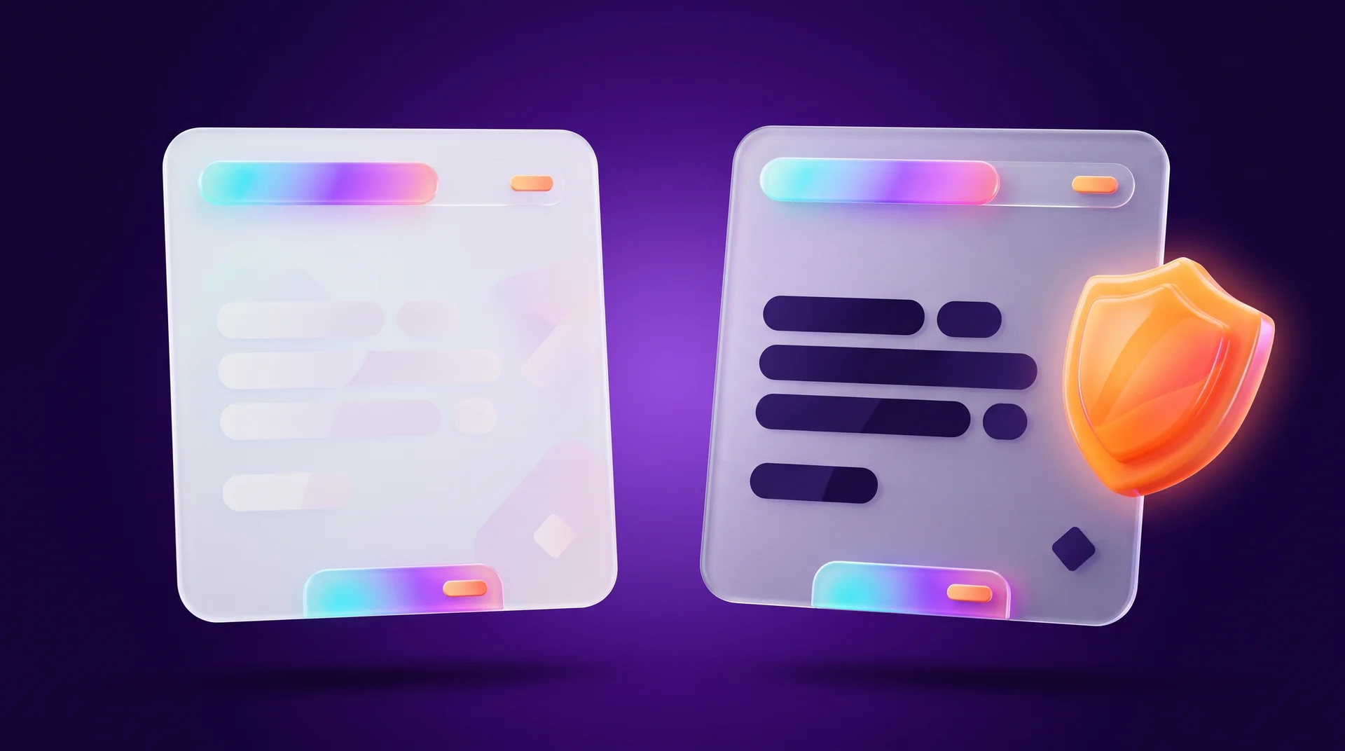 Two floating glass cards side by side: one with pale abstract stripes that almost blend into the background, the other with dark, crisp stripes and a glowing 3D shield beside it