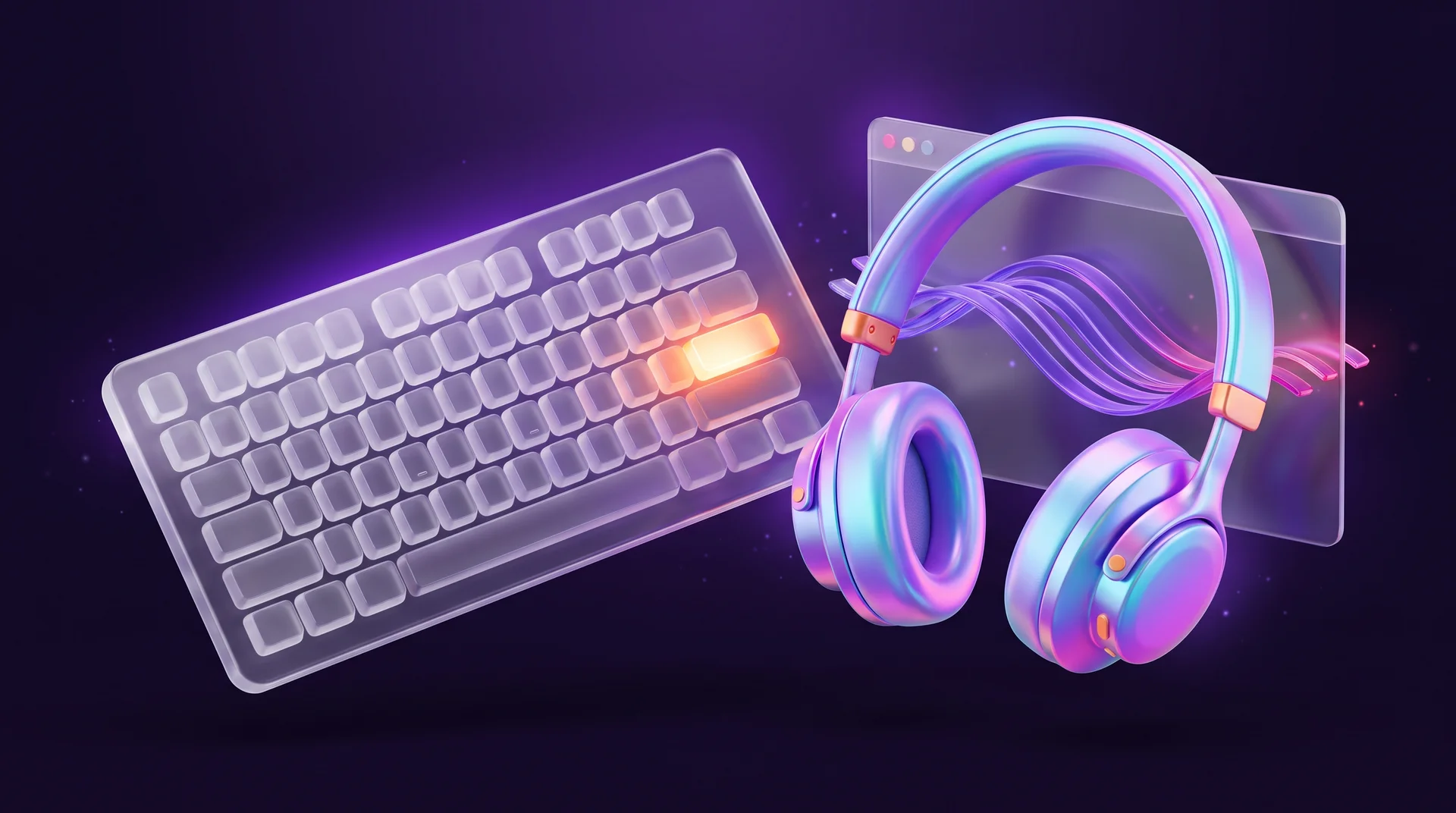 A 3D glass keyboard with one key glowing orange, next to glossy headphones and purple sound waves coming out of a floating browser window