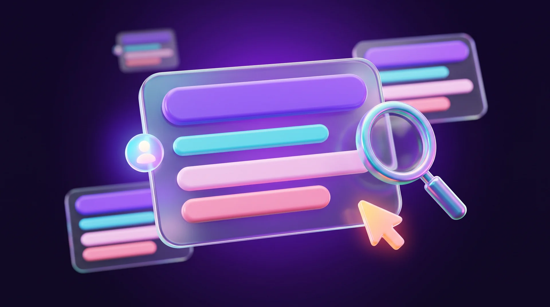 A glass search result card floating in the centre with abstract colourful bars, next to a magnifying glass and a glowing orange mouse cursor