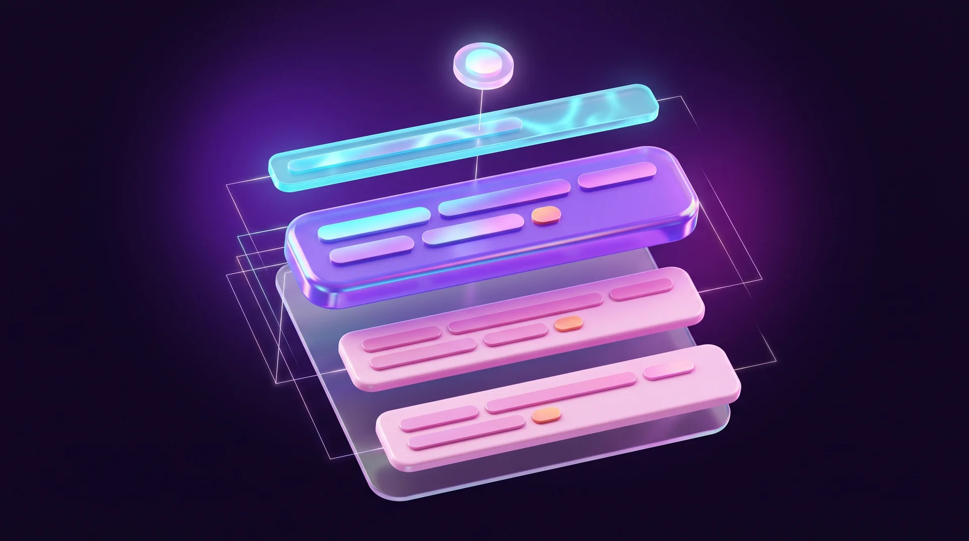 A 3D glass search result card broken into floating layers: a small glowing circle at the top, a thin light-blue bar, a thick purple panel and two pink panels, connected by fine guide lines