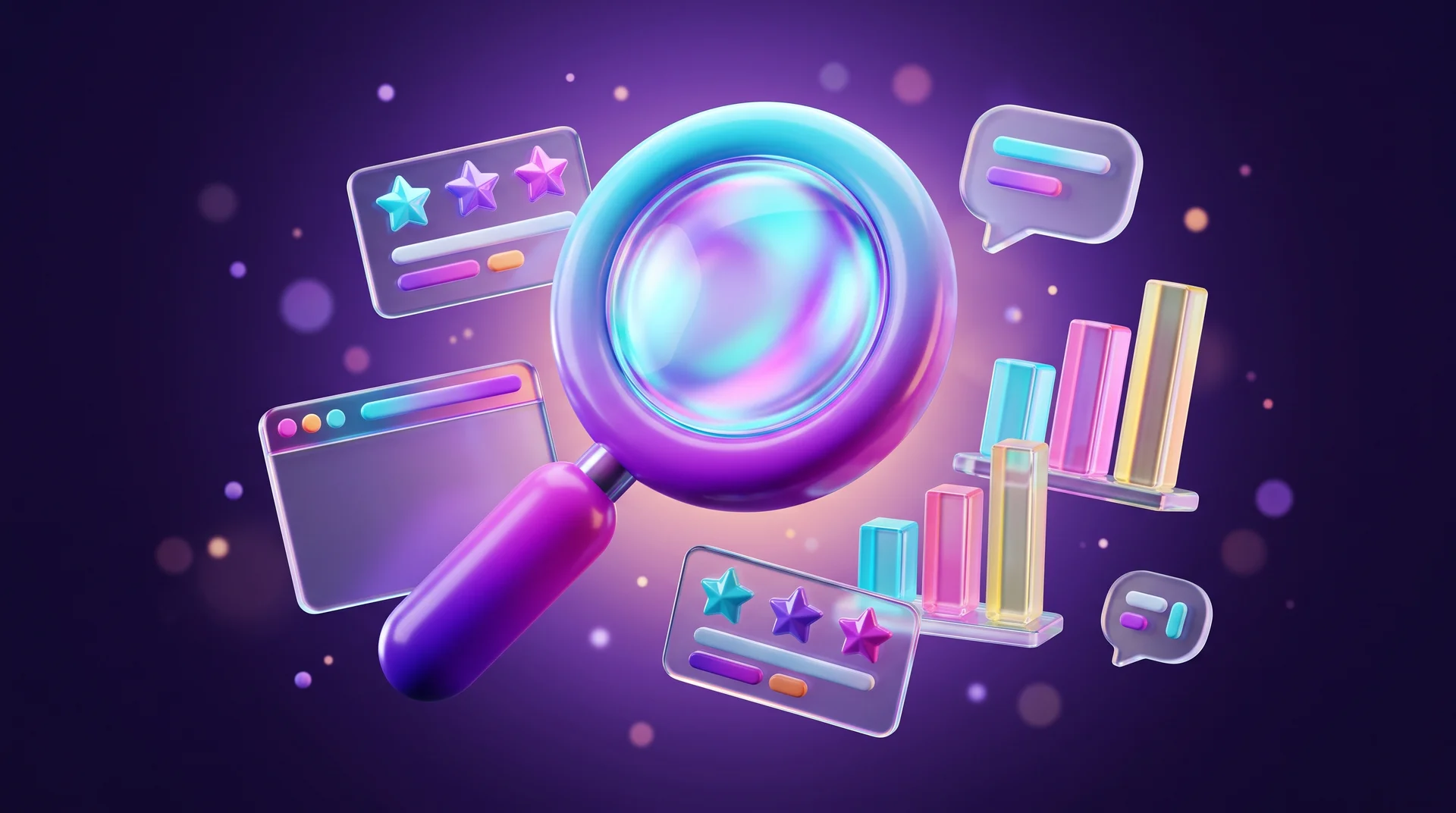 A glossy magnifying glass among review cards with stars, a browser window, a bar chart and chat bubbles on a purple background