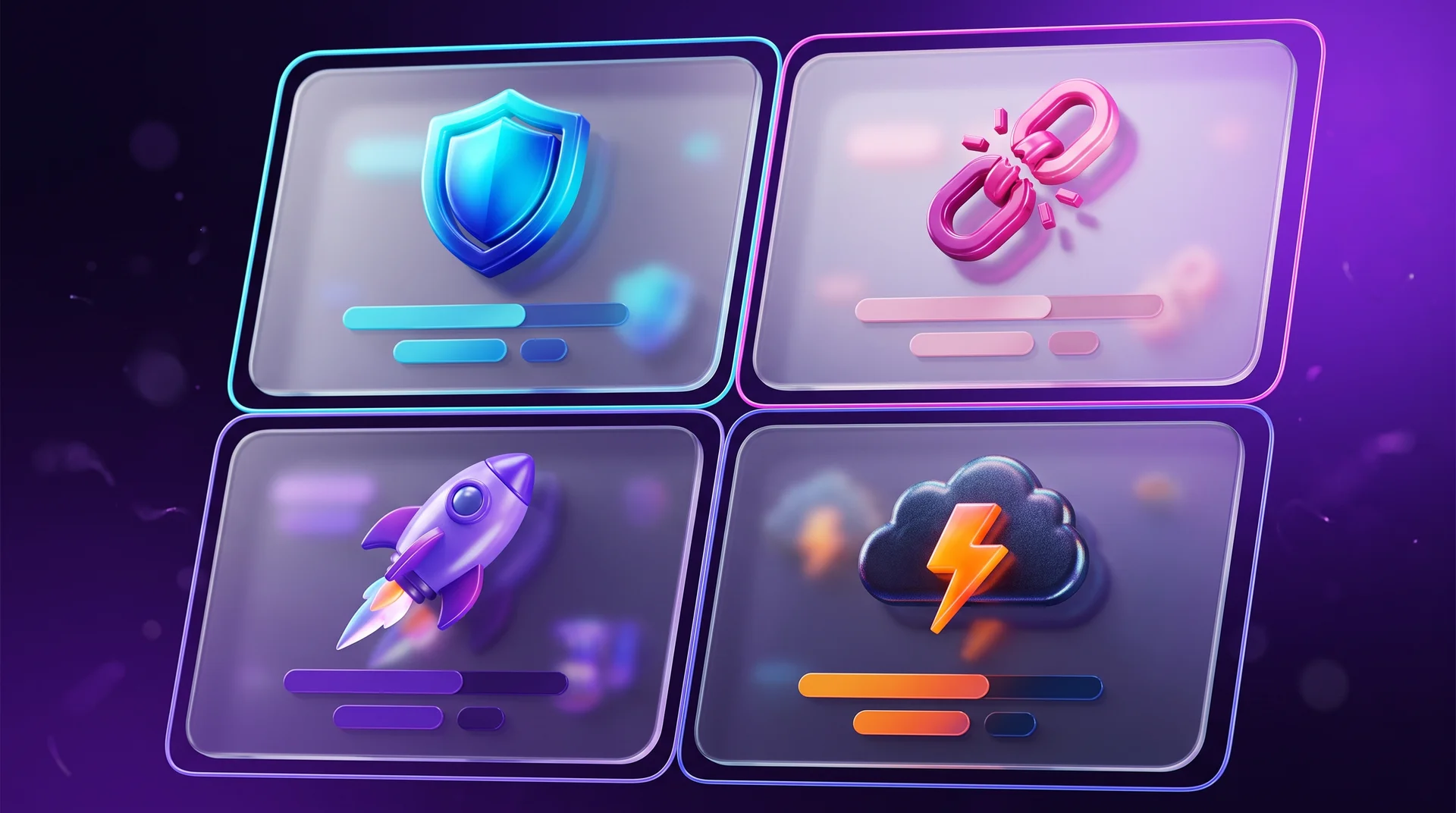 Four glass panels floating in a two-by-two grid: a glossy shield, a cracked chain link, a rising rocket and a storm cloud with a lightning bolt