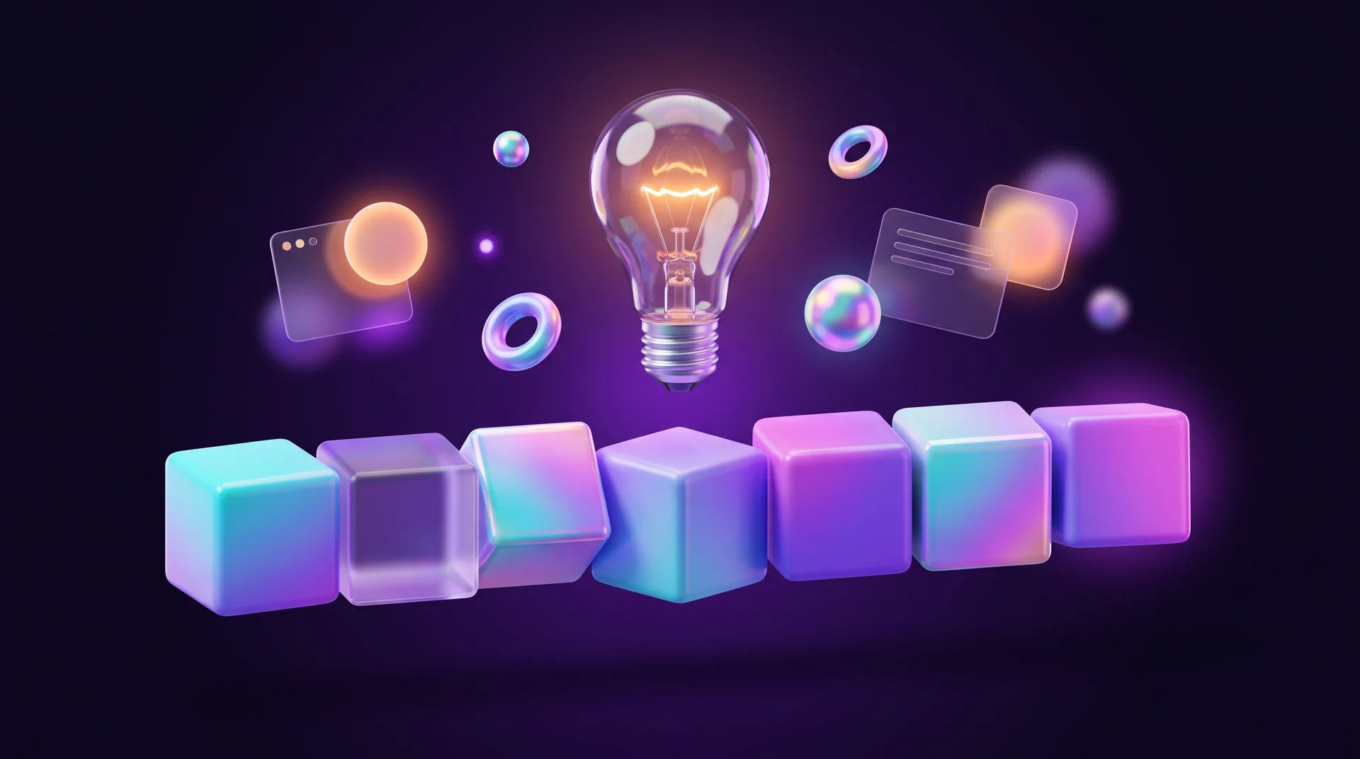 Choosing a brand name: a row of glossy cubes in light blue, purple and magenta with a glowing light bulb above them