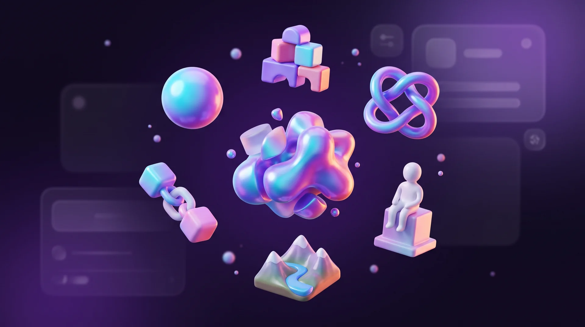 Glossy 3D shapes around a colourful block in the centre: a sphere, cubes, a knot, a chain, a mountain with a river and a white figure on a pedestal