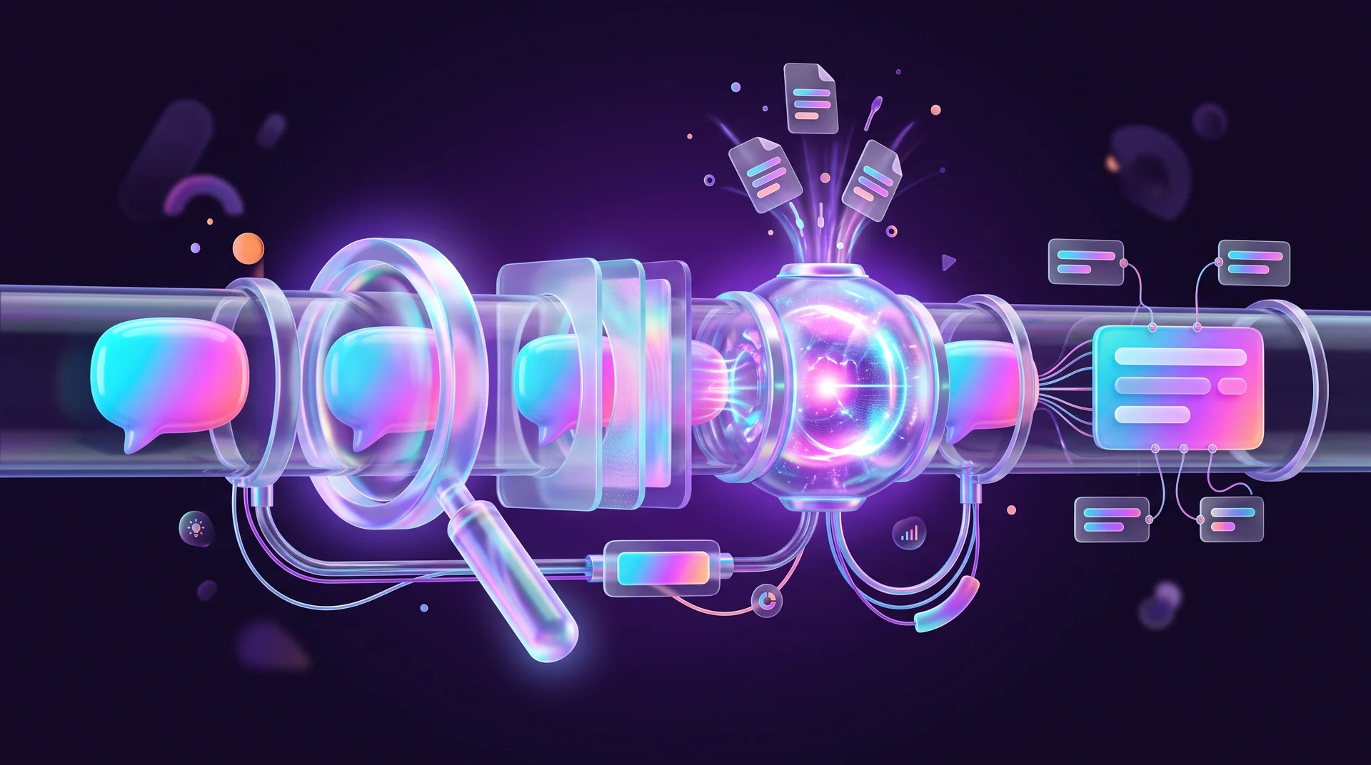 A transparent glass pipeline where a question shaped like a chat bubble enters from the left, passes through a magnifying glass, a layered filter and a glossy spherical processor, and exits on the right as an answer card with connected source cards