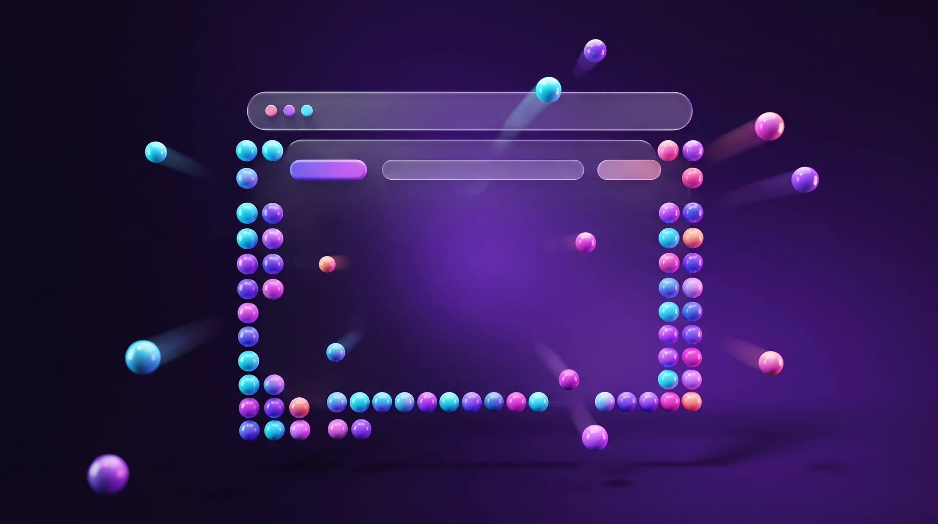 Glossy spheres in light blue, purple and magenta arranged with gaps between them that together form the outline of a browser window, with a few spheres still floating towards it