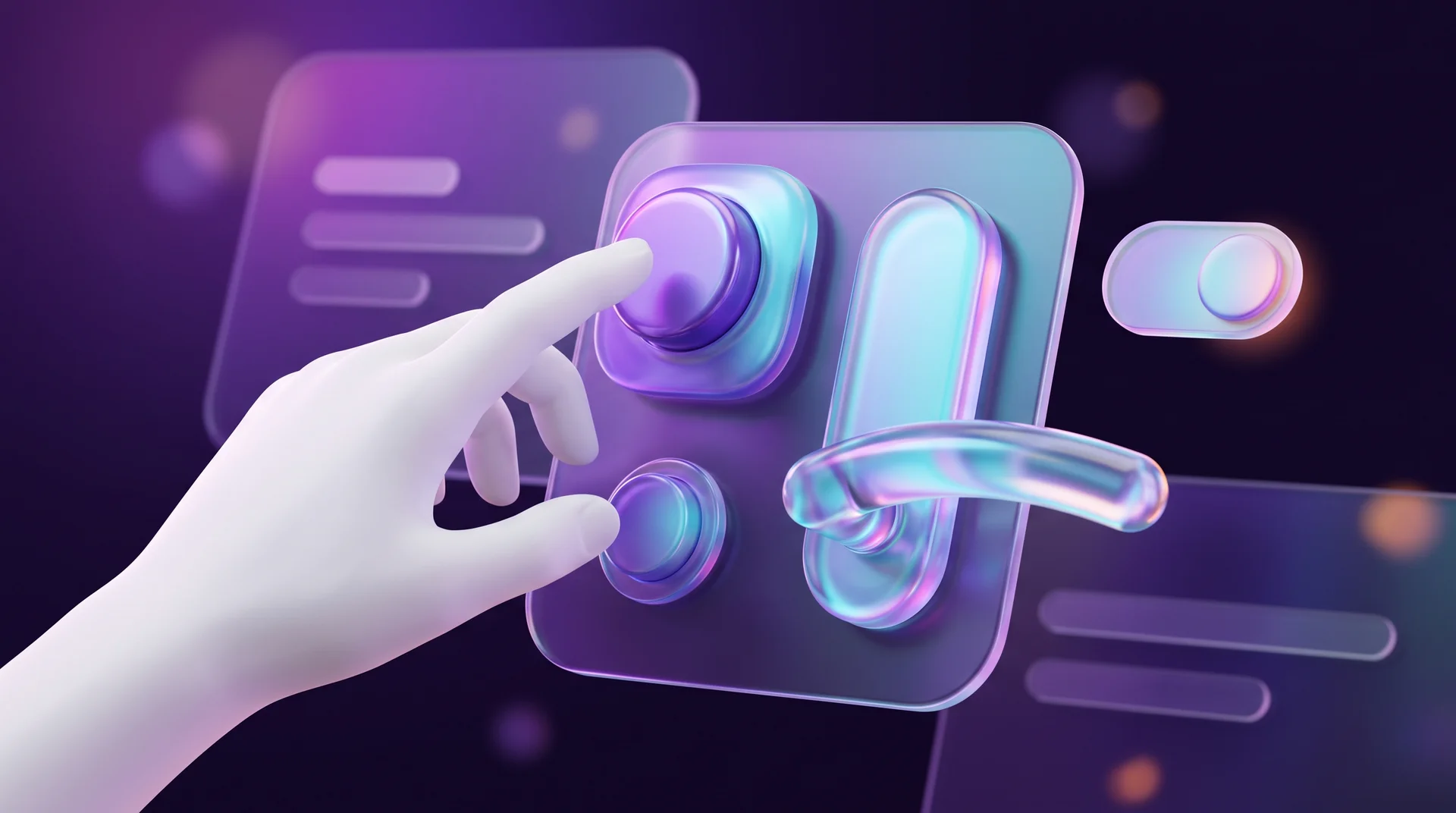 A white 3D hand pressing a glossy, raised purple button on a glass panel, next to a glass door handle and a floating toggle switch