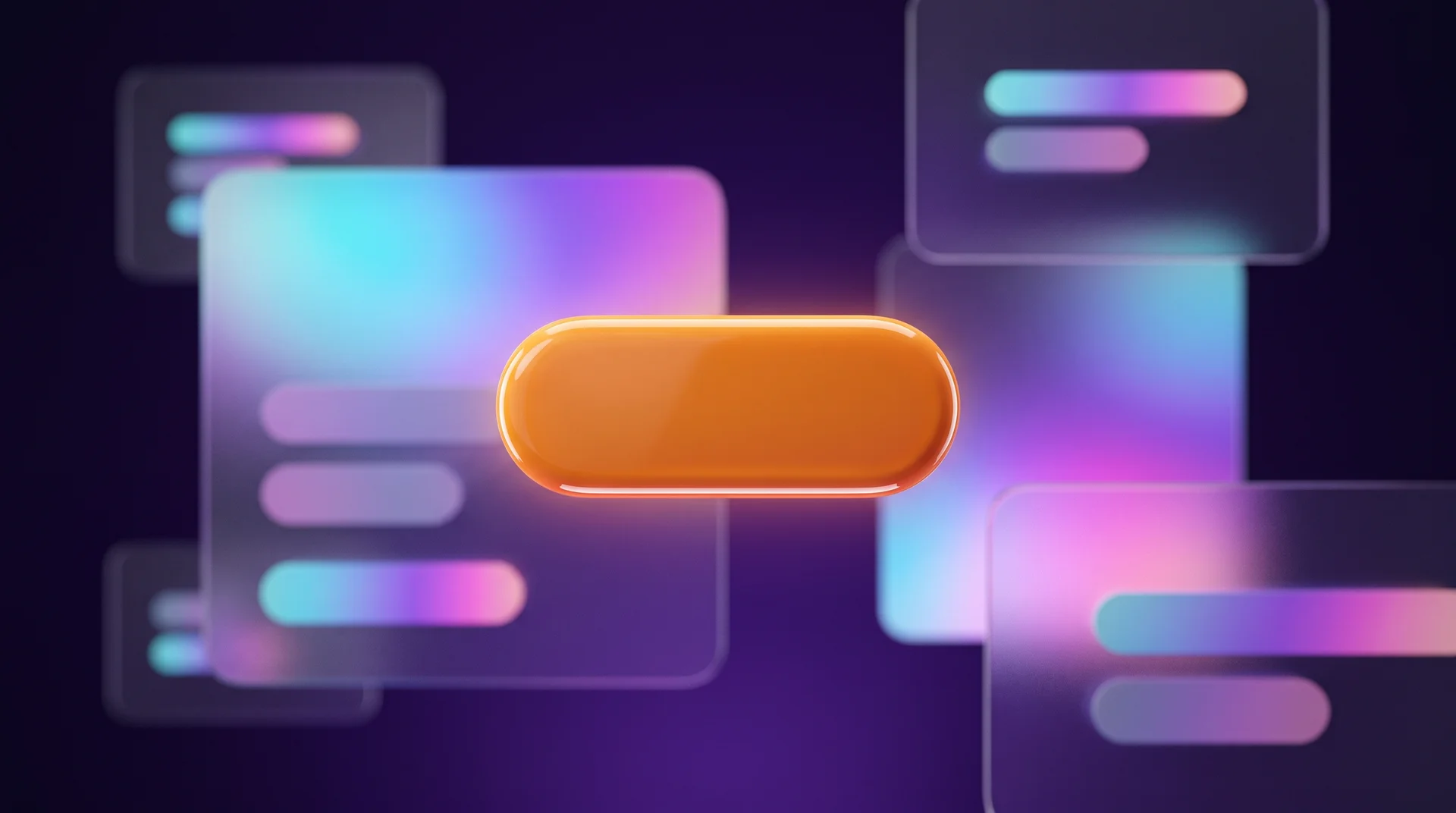 A glossy warm orange 3D button floating in sharp focus in the centre, while other glass cards behind it are blurred and dimmed against a dark purple background